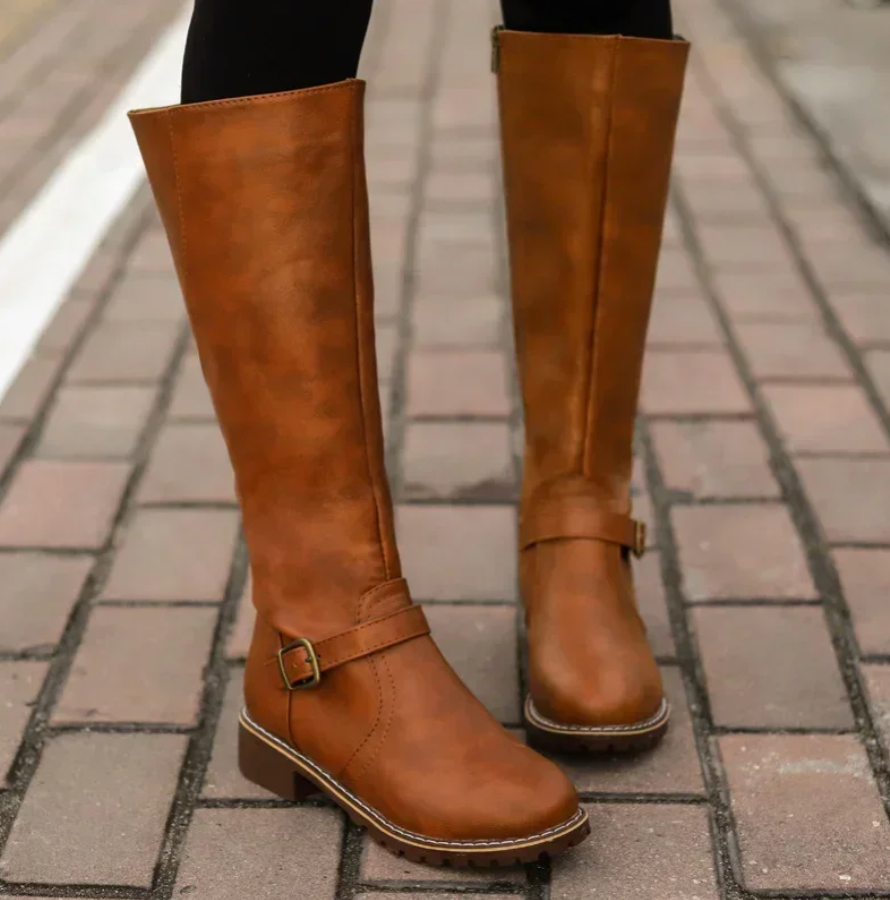 Damen Kniehohe Stiefel - Schnalle & Niedriger Blockabsatz