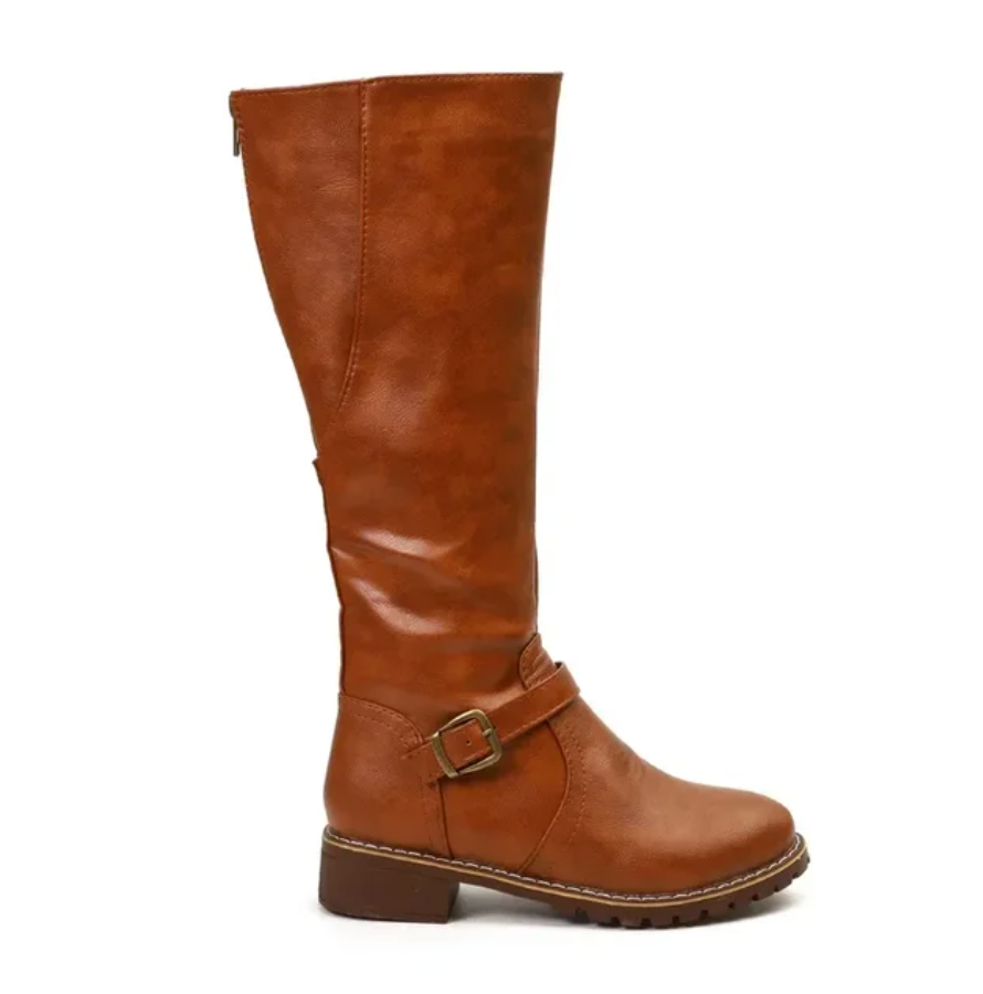 Damen Kniehohe Stiefel - Schnalle & Niedriger Blockabsatz