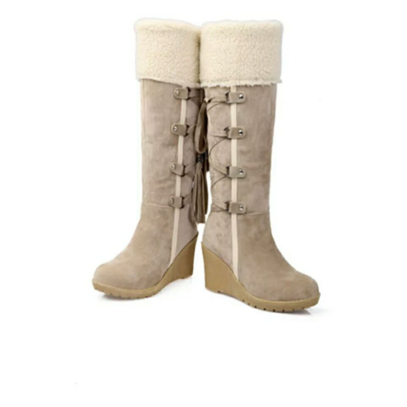 Damen Keilabsatz Kniehohe Stiefel - Quasten-Detail