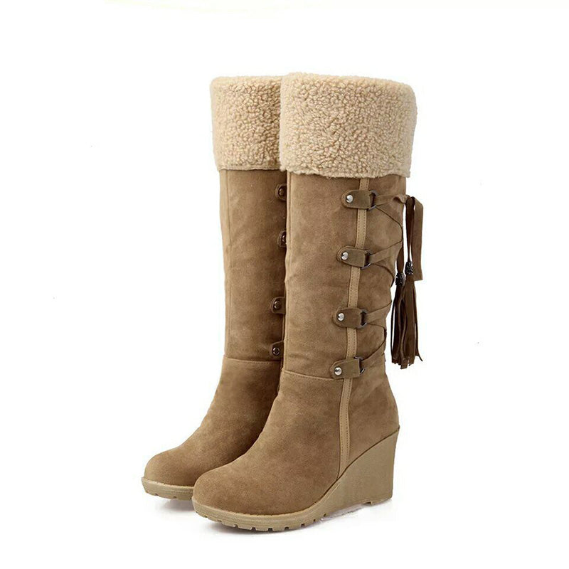 Damen Keilabsatz Kniehohe Stiefel - Quasten-Detail