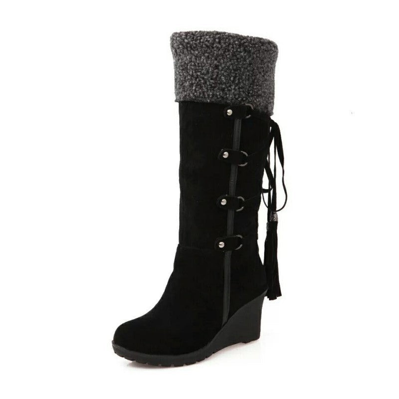 Damen Keilabsatz Kniehohe Stiefel - Quasten-Detail
