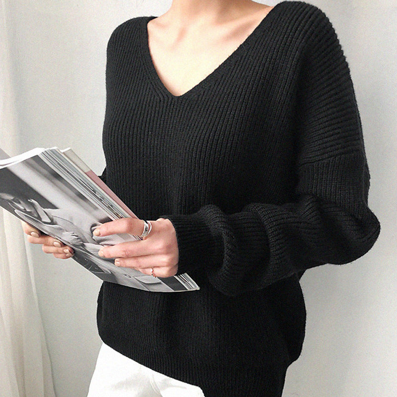 Damen V-Ausschnitt Strickpullover - Weicher Gerippter Stil
