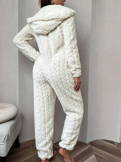 Damen Creme Texturierter Kapuzen-Onesie - Reißverschluss Weiche Loungewear