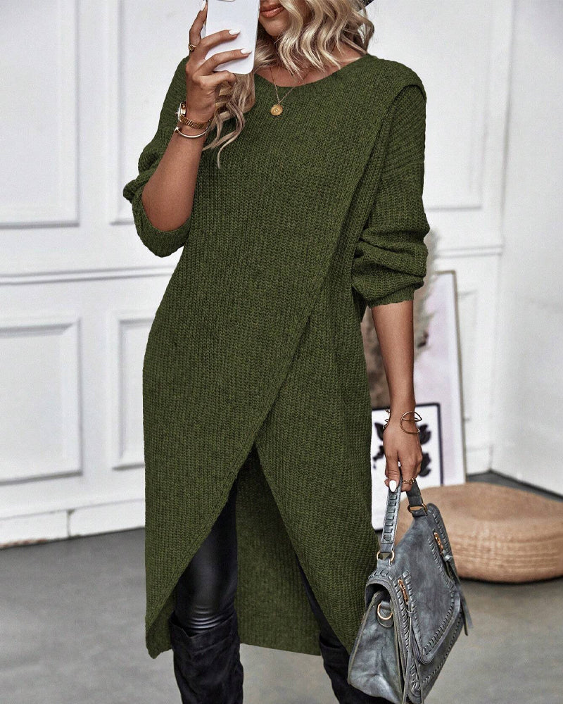 Damen Midi Pulloverkleid - Asymmetrischer Wickel-Stil mit Langarm