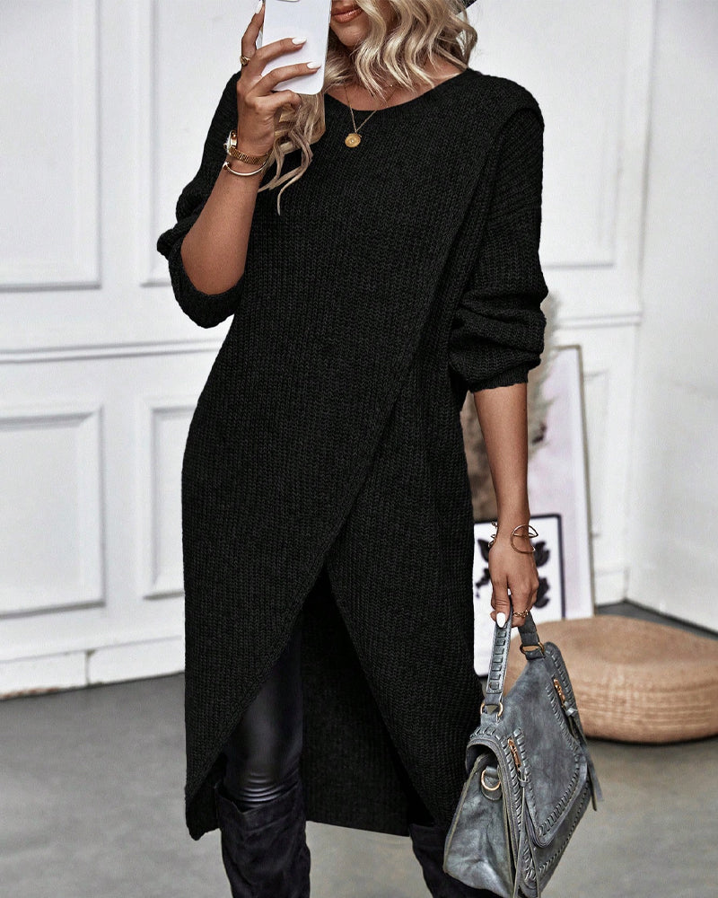 Damen Midi Pulloverkleid - Asymmetrischer Wickel-Stil mit Langarm