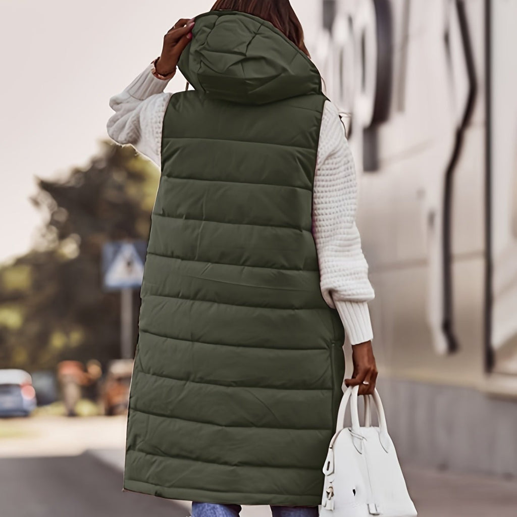 Damen Lange Gepolsterte Steppweste – Kapuze & Ärmellose Gilet