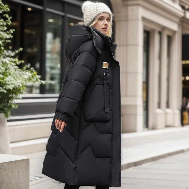 Damen Oversized Steppmantel - Kapuze mit Hohem Kragen