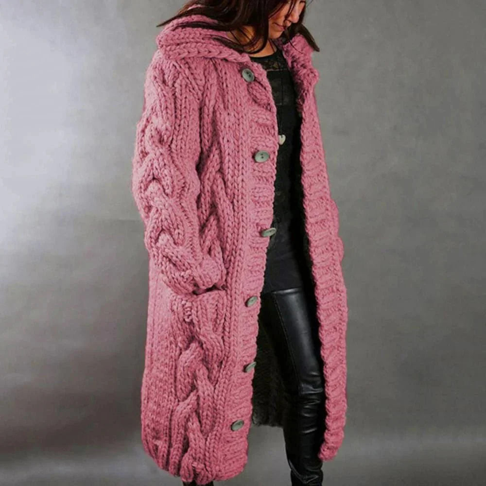 Damen Langer Zopfstrickmantel - Oversized mit Knopfverschluss