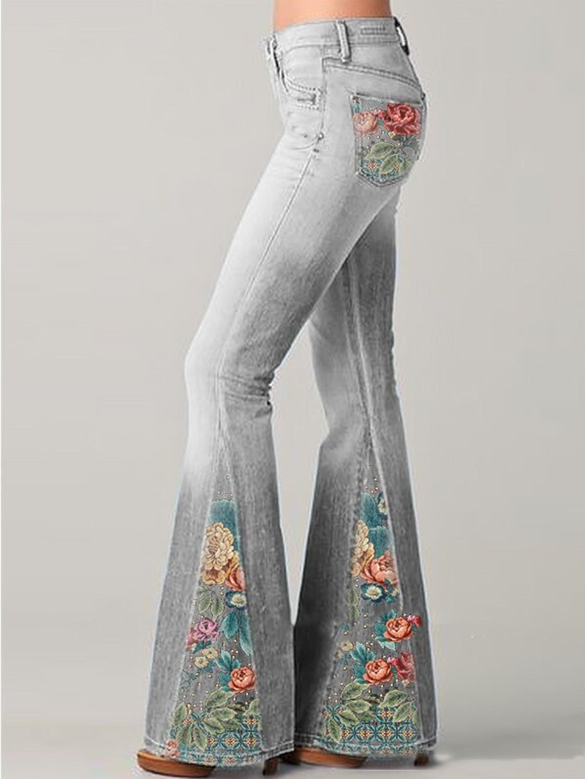 Damen Bestickte Schlagjeans  - Blumenmuster
