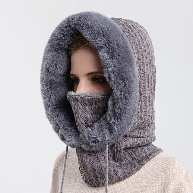 Damen Gestrickte Balaclava Mütze - Hoodie & Plüschbesatz