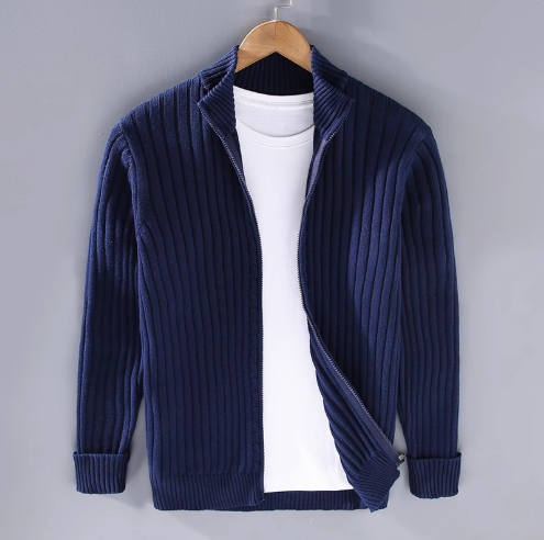 Herren Rippstrick Cardigan – Voll-Reißverschluss mit Stehkragen