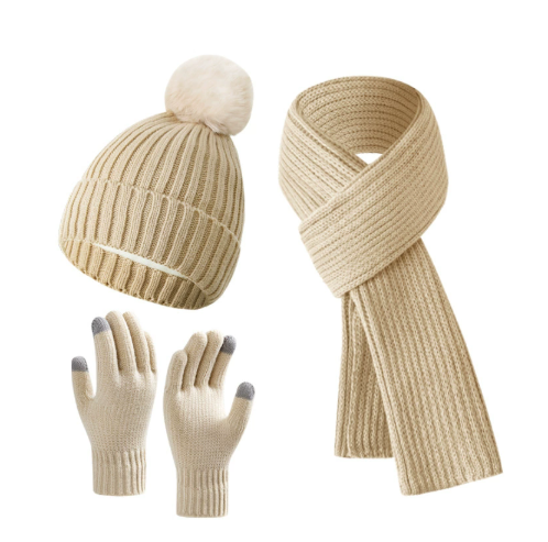 Damen 3-teiliges Strickaccessoire-Set - Mütze, Touchscreen-Handschuhe und Schal