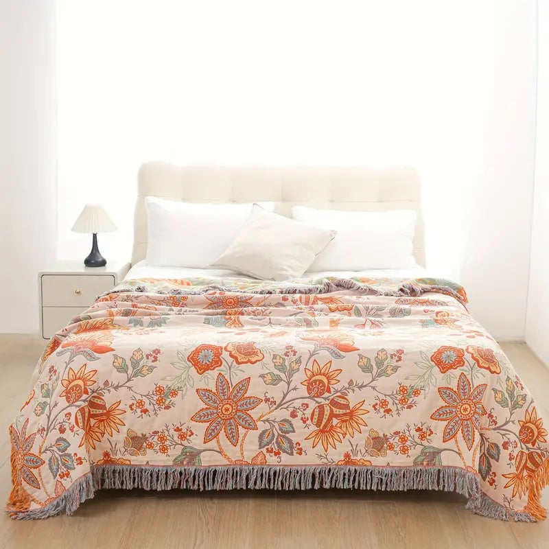 Boho Blumenmuster Decke – Rustikal mit Fransen