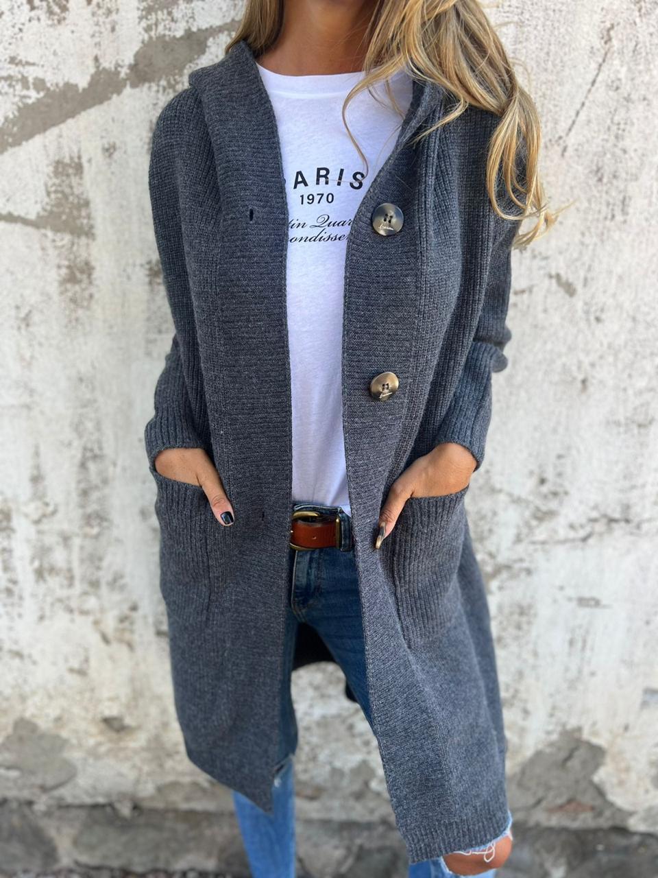 Damen Lang-Cardigan - Gerippter Strick mit Knöpfen