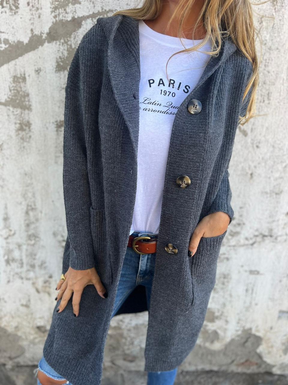 Damen Lang-Cardigan - Gerippter Strick mit Knöpfen