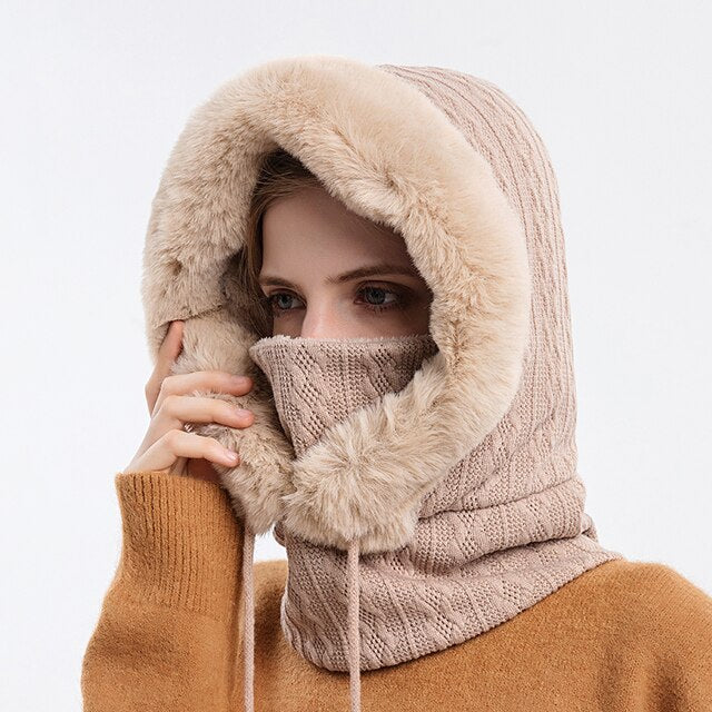 Damen Gestrickte Balaclava Mütze - Hoodie & Plüschbesatz