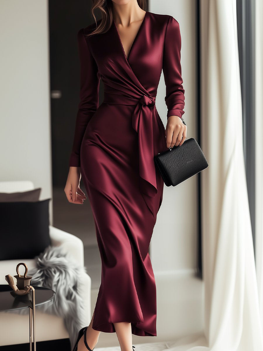 Damen Burgund Midi Kleid - Wickelstil mit V-Ausschnitt