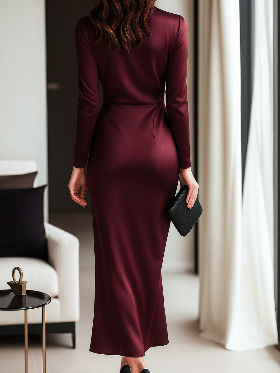 Damen Burgund Midi Kleid - Wickelstil mit V-Ausschnitt
