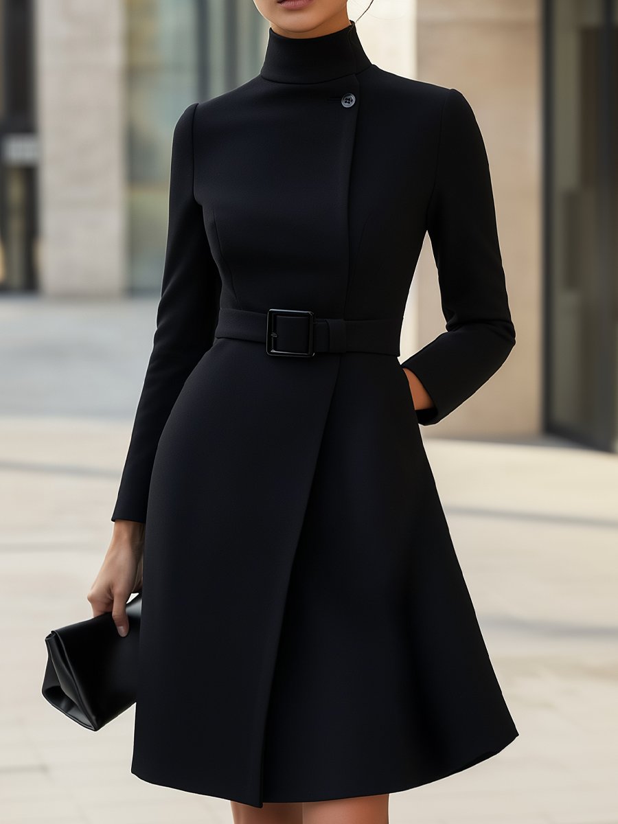Damen Gürtel Mini Kleid - A-Linie & Stehkragen