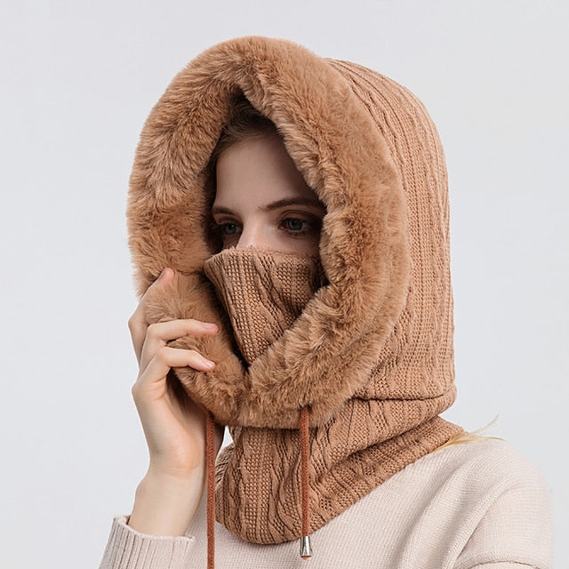 Damen Gestrickte Balaclava Mütze - Hoodie & Plüschbesatz