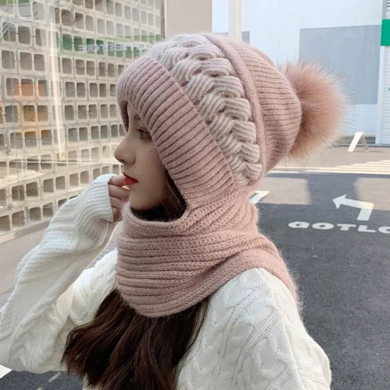 Damen Strickmütze mit befestigtem Schal - Winter-Pompon-Sturmhaube