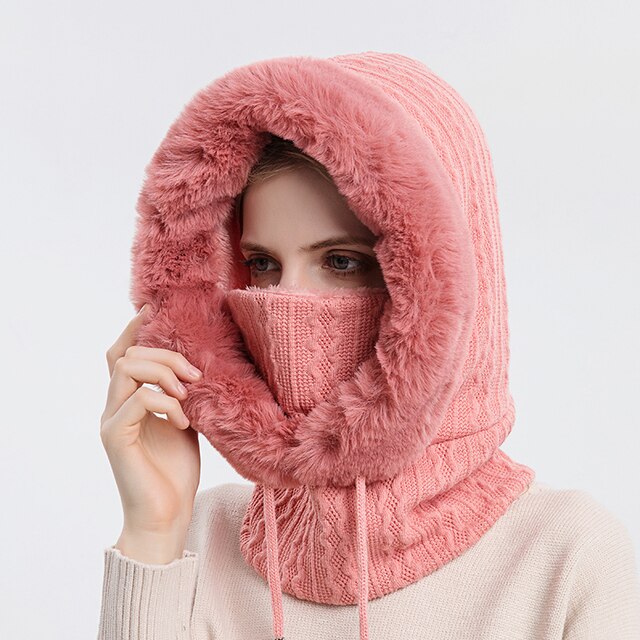 Damen Gestrickte Balaclava Mütze - Hoodie & Plüschbesatz