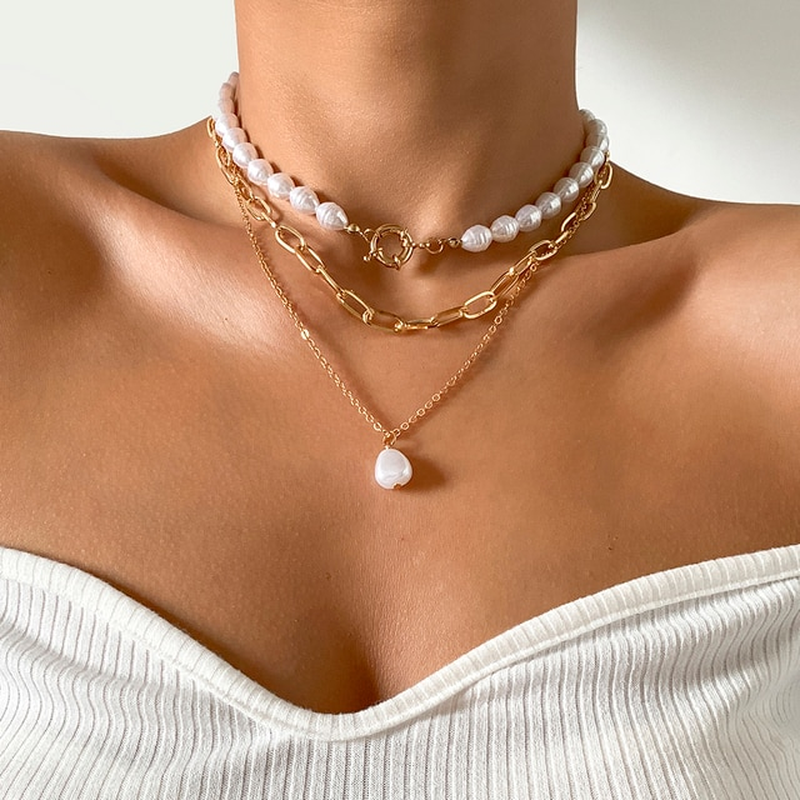 Damen Halsketten Set - Perlenreihen mit Knebelverschluss