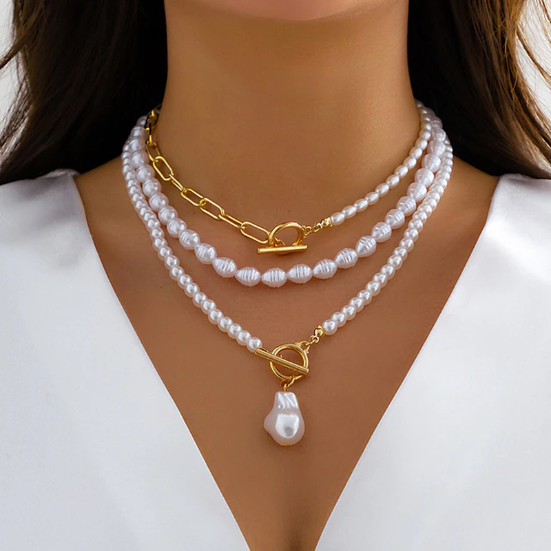 Damen Halsketten Set - Perlenreihen mit Knebelverschluss