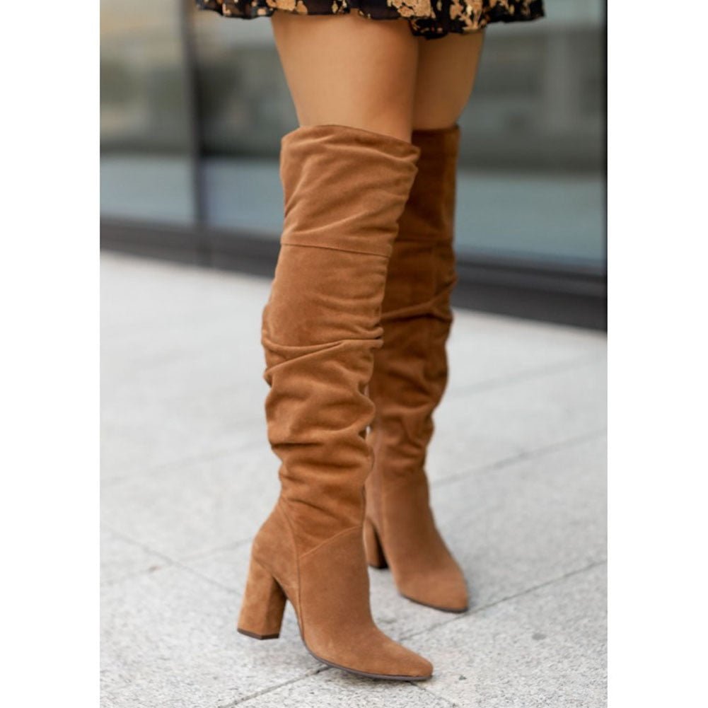 Damen Slouchy Kniehohe Stiefel - Blockabsatz & Spitze Zehe