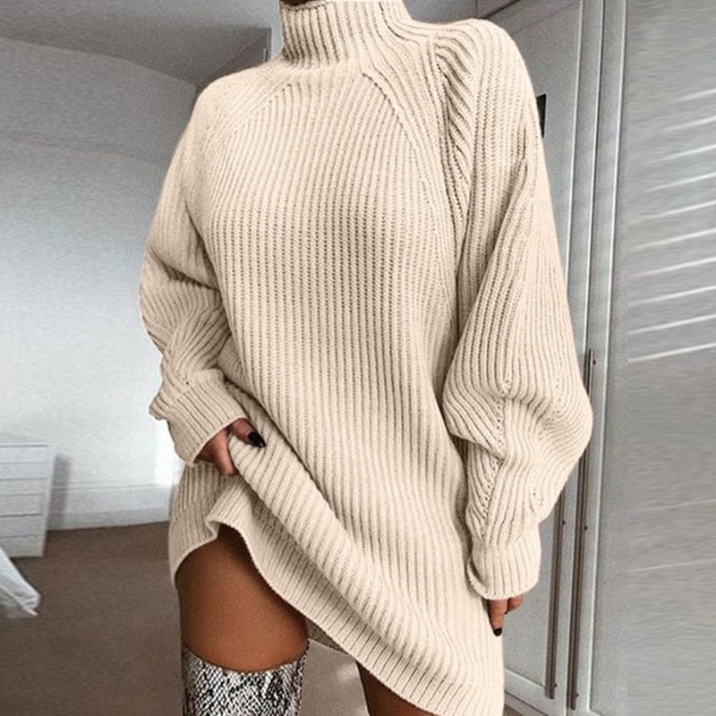 Damen Oversized Gestricktes Jumper-Kleid - Rollkragen mit Lange Ärmel